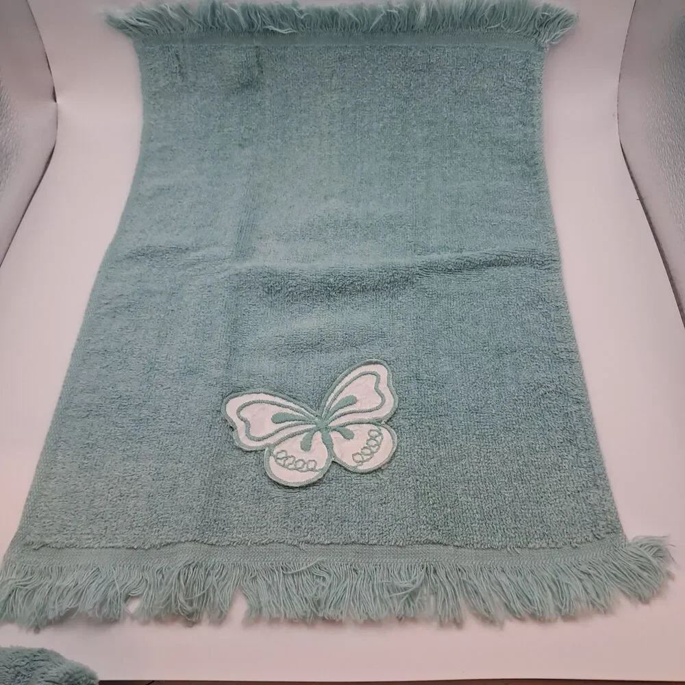 Martex Westpoint Pepperell USA Aqua Hand Towels (3) Butterfly Applique Fringes
